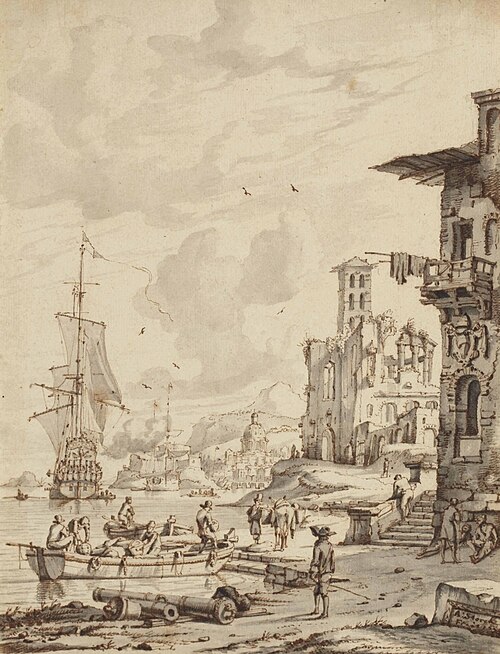 Bâteaux et personnages à l'entrée d'un port, le dôme d'une église à l'arrière-plan, 1674, Abraham Storck