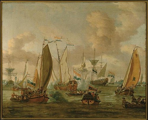 Battle on the IJ in Amsterdam in honor of the visit of Tsar Peter the Great on 1st September, 1697, 1700, Abraham Storck