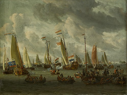 Mock fight on lake IJ in honor of the Moscovian embassy on 1 september 1697, 1698, Abraham Storck