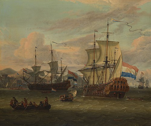 Dutch merchant ships in front of a Mediterranean port, 1670, Abraham Storck