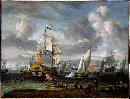 An English Yacht saluting a Dutch Man-of-War in the port of Rotterdam, 1708, Abraham Storck