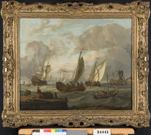 Zeilboten aan de ingang van een haven, 1672, Abraham Storck
