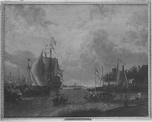 Hollandse haven met rechts in de voorgrond enige zwemmers, 1688, Abraham Storck