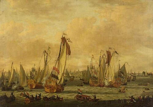 A marine sham-fight on the Y before Amsterdam, 1683, Abraham Storck