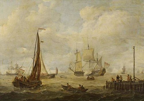 Sea-piece with a Dutch man-of-war, 1683, Abraham Storck
