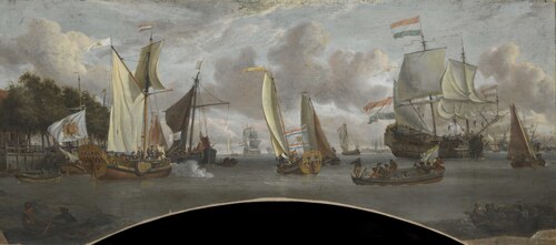 Ships on the River IJ in front of the Tollhouse near Amsterdam, 1690, Abraham Storck