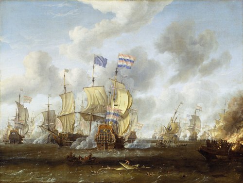 The Goulden Leeuw Engaging Royal Prince at the Battle of the Texel, 11 August 1673, 1690, Abraham Storck