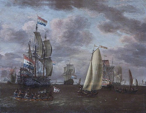 A Whaler and other Ships at Anchor before a Port, 1673, Abraham Storck
