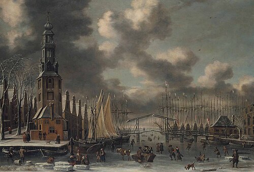Winter landscape with the Montelbaanstoren, Amsterdam, 1676, Abraham Storck