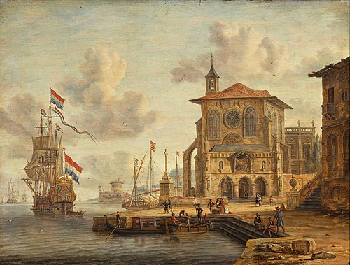 Harbour Scene with Medieval Building, 1674, Abraham Storck