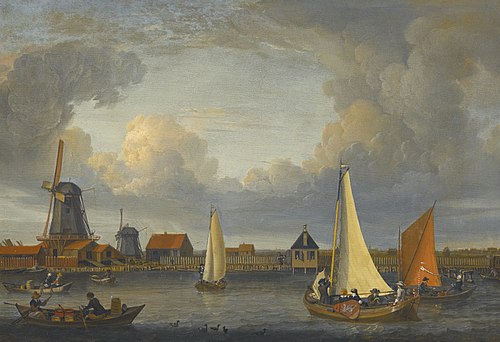A river landscape with fishermen in rowing boats, windmills beyond, 1679, Abraham Storck