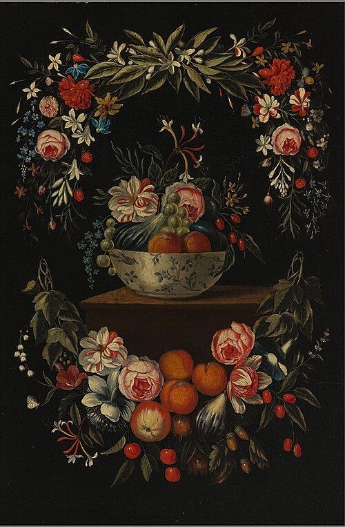 Porcelain Bowl with Flowers and Fruit, Surrounded by a Wreath of Flowers and Fruit, 1750, École flamande
