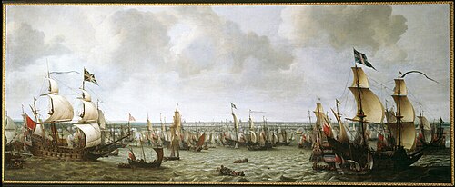 The English fleet from the ill-fated campaign of the Duke of Buckingham before La Rochelle, 1628, 1633, Abraham de Verwer