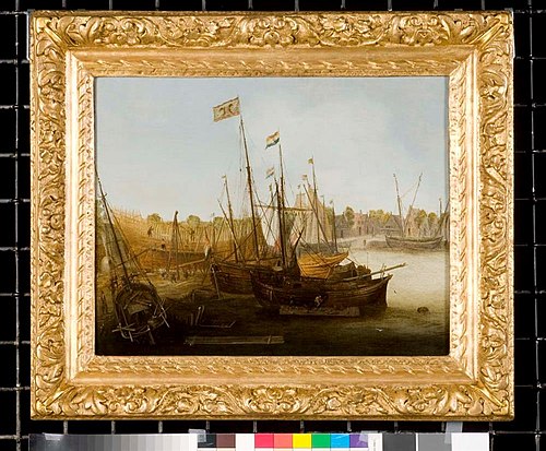 A shipyard with vessels being built, 1631, Abraham de Verwer