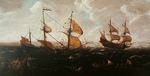 Sailboats at sea., 1610, Abraham de Verwer