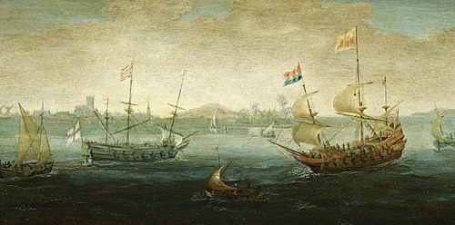 A Dutch and an English Ship off a Harbour, 1625, Abraham de Verwer