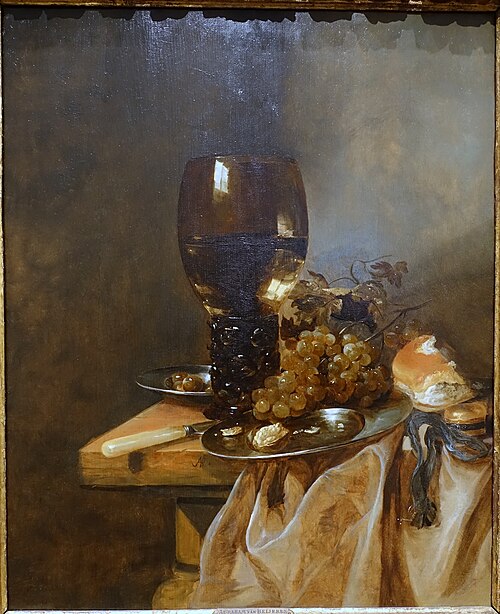 A Roemer with Grapes, a Pewter Plate and a Roll, 1690, Abraham van Beijeren