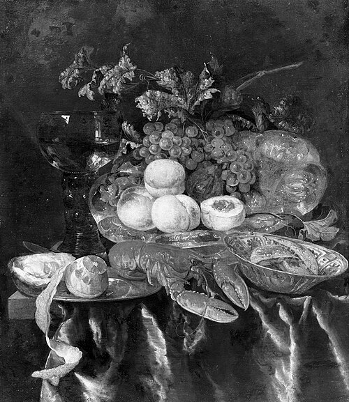 Still life with lobster, fruit, peeled lemon, rummer, silver dish and faience dish on a dark tablecl, 1660, Abraham van Beijeren