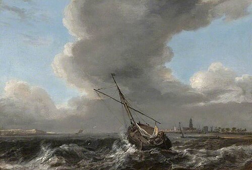 A Small Dutch Vessel at Anchor off the Coast in a Rough Sea, , Abraham van Beijeren