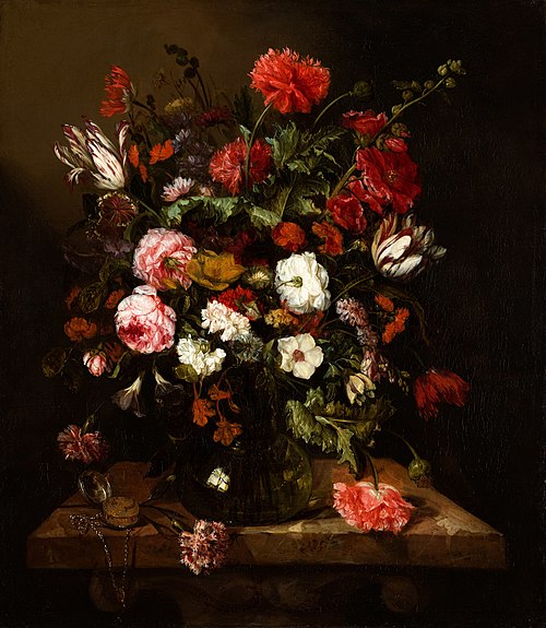 Flower Still Life with a Timepiece, 1663, Abraham van Beijeren