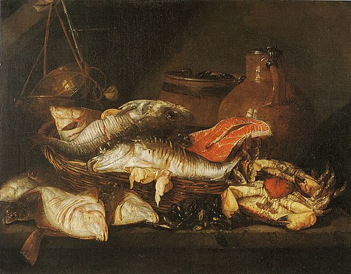 Fish in a Basket near a Scale, 1655, Abraham van Beijeren