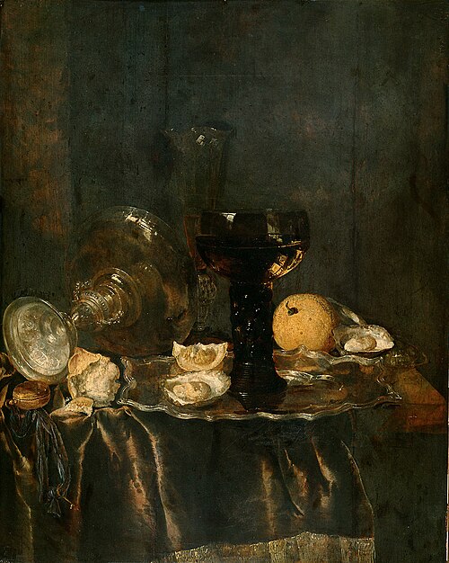 Stilleven met oesters, glazen en omgevallen zilveren, 1666, Abraham van Beijeren