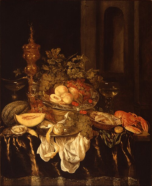 Still Life with Plate, Akelei covered beaker, Melon, and other objects, 1664, Abraham van Beijeren
