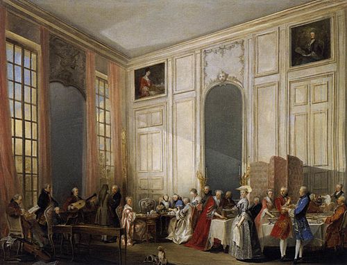 Le Thé à l'anglaise dans le salon des quatre glaces au temple, avec toute la cour du prince de Conti, 1771, Michel Barthélemy Ollivier