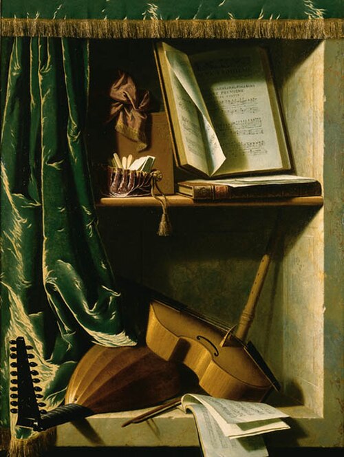 A Trompe L'oeil of a Lute, a Viol and a Recorder, with books of Music in a curtained stone niche, , Michel Boyer