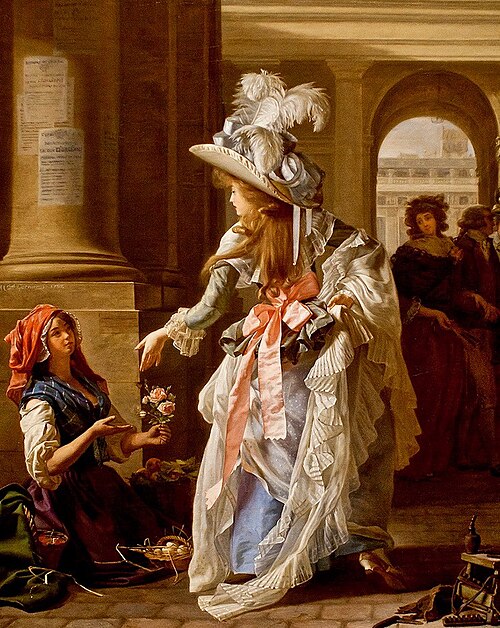 A Fashionably Dressed Young Woman in the Arcade of the Palais Royal, 1787, Michel Garnier
