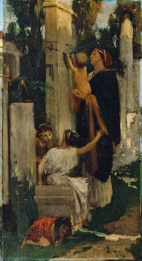 Ancient cemetery scene (woman with children decorating a grave), , Adolf Hirémy-Hirschl