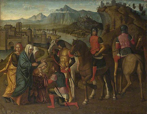 Coriolanus persuaded by his Family to spare Rome, 1502, Michele da Verona