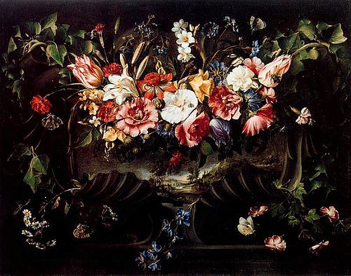 Guirlande de fleurs avec paysage, 1652, Juan de Arellano