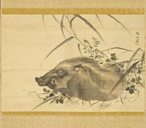 Wild Boar amidst Autumn Flowers and Grasses, 1800, Mori Sosen