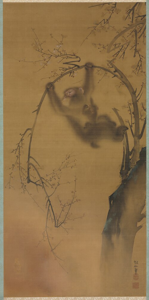 Monkeys in a Cherry Tree; Monkeys on a Rock Ledge, 1741, Mori Sosen