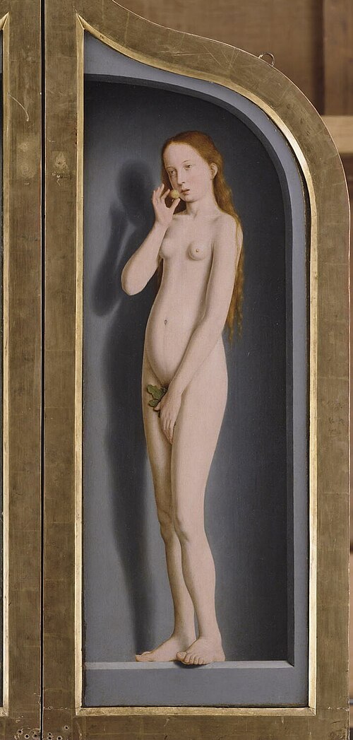 Marie, épouse de Jean de Sedano, en prière avec saint Jean l'Évangéliste ; face externe : Ève, nue, 1493, Gérard David