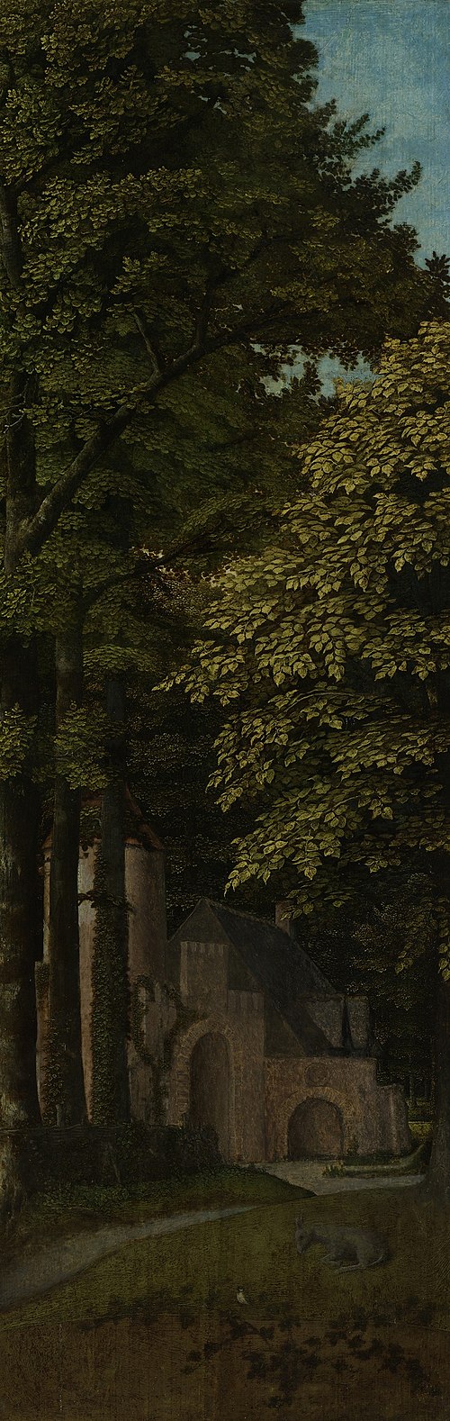 Outer left wing of a triptych with a view in a forest, 1510, Gérard David