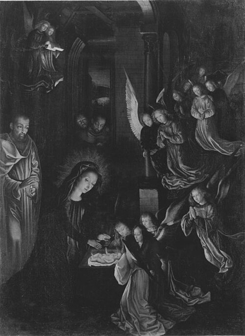 Geburt Christi (nach einem verlorenen Original von Hugo van der Goes) (Rückseite: Wappen) (Kopie nac, 1530, Gerard David