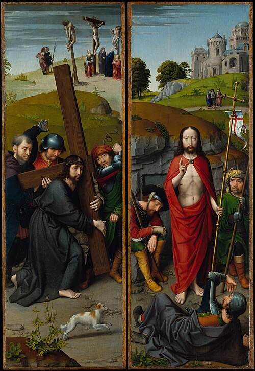 Christ Carrying the Cross, with the Crucifixion; The Resurrection, with the Pilgrims of Emmaus, 1510, Gerard David
