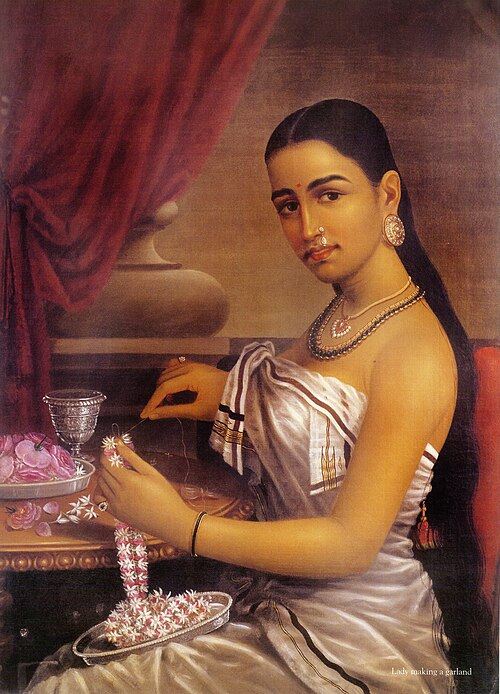 Lady making a garland, 1895, Ravi Varmâ