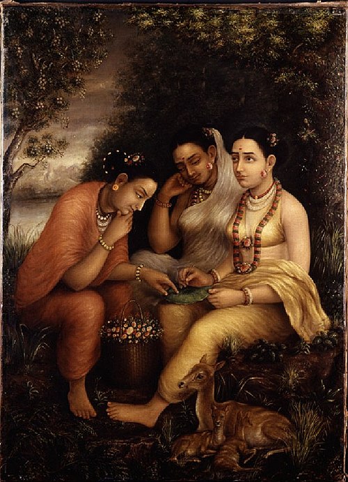 Shakuntala writing a love letter on a lotus leaf, 1880, Ravi Varmâ