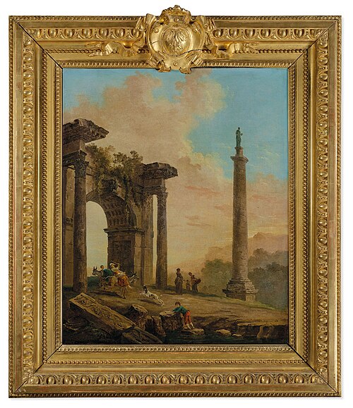People near an antique column, , Nicolò dell'Abbate