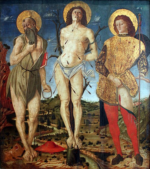 The St. Jerome, Sebastian and Rochus, 1475, Nicola di Maestro Antonio d'An
