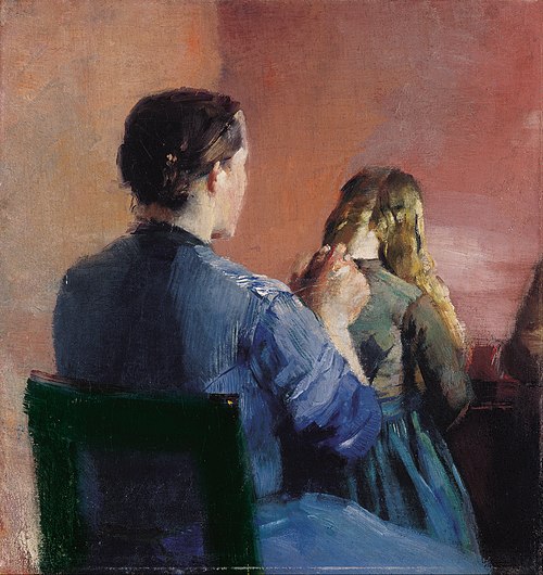 A mother plainting her little daughter's hair, 1888, Christian Krohg