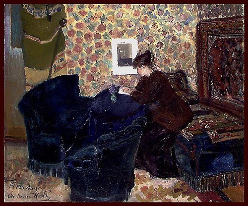 Interiør fra Brøndums Hotel, Skagen, med kunstnere, 1888, Christian Krohg