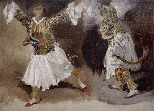 Deux guerriers grecs dansant. Étude de costumes souliotes, 1825, Eugène Delacroix