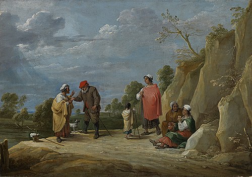 Four gypsies with a child, one telling a peasant his fortune, 1650, David Teniers le Jeune