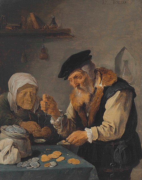 Old man and woman weighing coins, 1650, David Teniers le Jeune