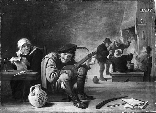 Bauernschenke mit Lautenspieler, alter Frau und Gruppe am Kamin, 1635, David Teniers le Jeune