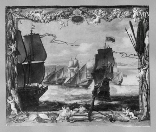 Seascape in a painted frame, 1635, David Teniers le Jeune